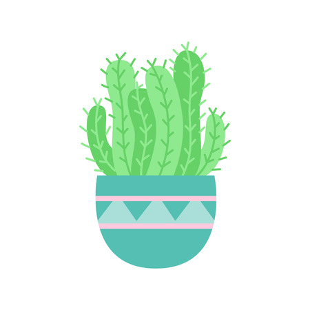 Cute green cactus in blue plant pot with pattern, vector illustration. Isolated juicy, web or print icon.のイラスト素材