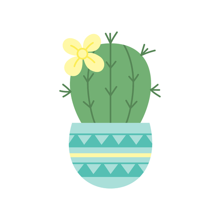 Cute green cactus in blue plant pot with pattern, vector illustration. Isolated with yellow flower, web or print icon.のイラスト素材