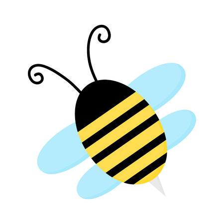 Cute bee insect vector graphic icon. Yellow Bee with Black Stripes and Light Blue Wings. Spring insect illustration.のイラスト素材