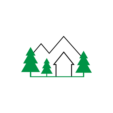 Cottage in mountains and forest logo. Black and green outline cottage graphic vector logo, isolated on white background.のイラスト素材