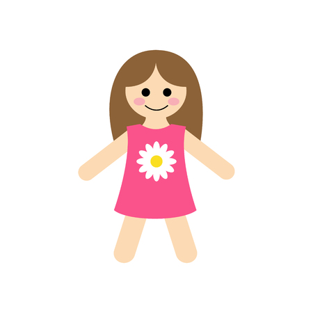 Cute Baby Rag Doll Vector Illustration Graphic. Girl's toy, doll in pink dress with daisy.のイラスト素材