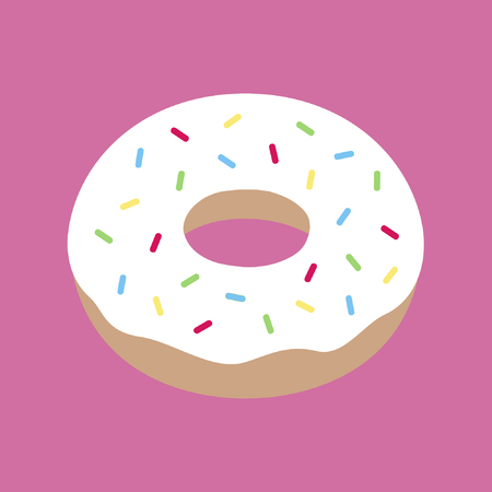 Cute yummy donut with white icing and colorful sprinkles. Donut dessert vector illustration doodle drawing with pink mauve background.のイラスト素材