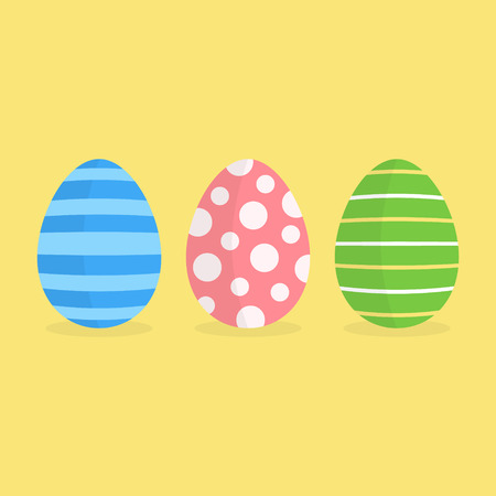 Colorful easter egg vector graphic icon. Set of three painted easter eggs with patterns, isolated on yellow background. Pink dotted egg, blue striped and yellow thin stripes.のイラスト素材