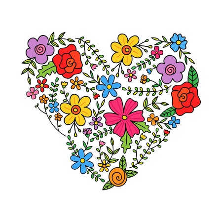 Floral colorful heart shaped spring or summer flowers, branches and leaves. Floral heart decorative greeting card, banner or pattern.のイラスト素材