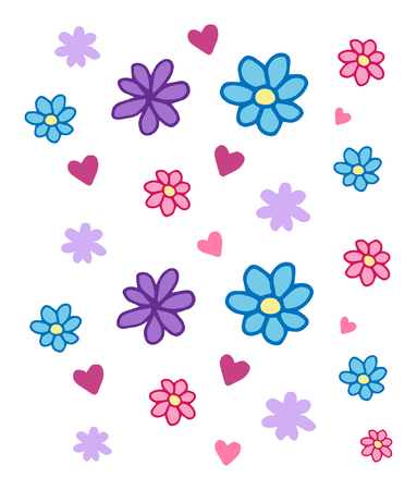 Cute pattern set of flowers and hearts. Doodle drawing.のイラスト素材