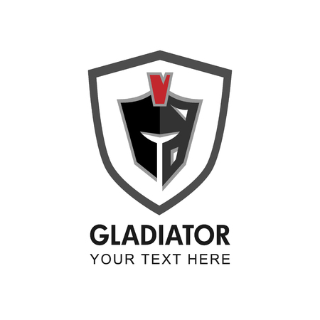 Gladiator themed vector graphic logo. Helmet of Roman warrior shield, gray, black and red colored gladiator logo.のイラスト素材