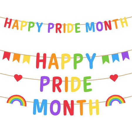 Happy Pride Month Vector Colorful Garland Illustration. Rainbow letters hanging on string. Pride bunting with letters, flags, hearts and rainbows.のイラスト素材