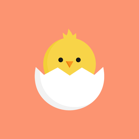 Cute little chick in cracked egg vector graphic illustration. Easter themed, yellow chicken with cracked eggshell, isolated on orange background.のイラスト素材