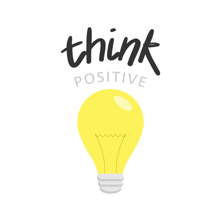 Think positive quote with light bulb, vector graphic illustration, isolated. Shining light bulb concept with writing.のイラスト素材