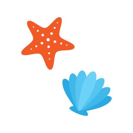 Starfish and seashell vector graphic illustrations, isolated. Orange marine starfish, blue scallop. Marine icon set.のイラスト素材