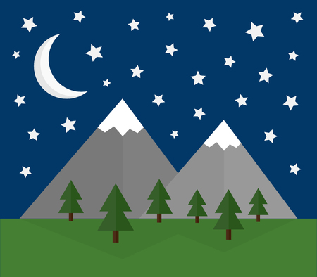 Vector Illustration Keywords: Snow covered mountains with forest and grass, night sky with moon and stars.のイラスト素材