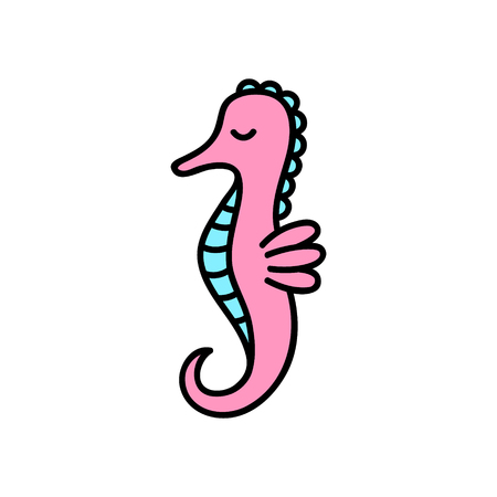 Seahorse hand drawn vector illustration icon. Marine, sea, ocean animal, fish. Black outlined, pink and blue colored sea horse.のイラスト素材