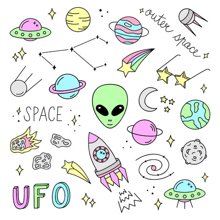 Outer space vector objects and writings. Alien, UFO, planets, moon, satellite, comet, meteorite, stars, solar system, rocket and other space icons. Cute, colorful, doodle, hand drawn galaxy set.のイラスト素材