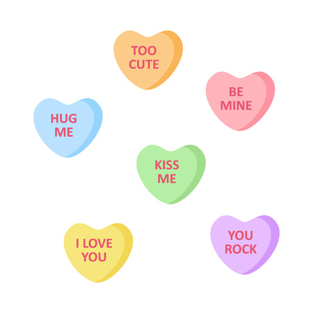 Cute Heart Shaped Candies with Love Writings. Set of sweet sugar candy vector graphic icons.のイラスト素材