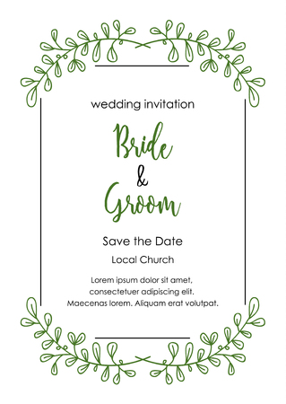 Wedding invitation card. Wedding card template with decorative floral frame. Hand drawn green branches with leaves.のイラスト素材