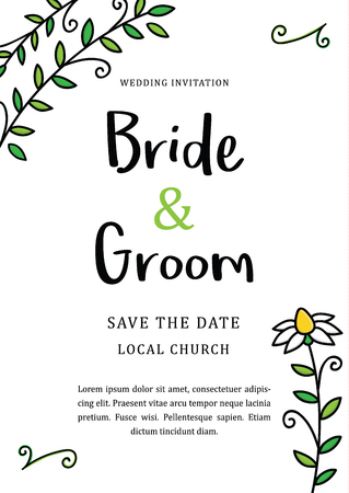 Hand drawn floral, wedding invitation, vector graphic printable card in cmyk. Wedding template with chamomile flower doodles.のイラスト素材