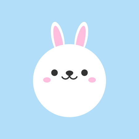Cute bunny round vector graphic icon. White rabbit animal head, face illustration. Isolated on blue background.のイラスト素材