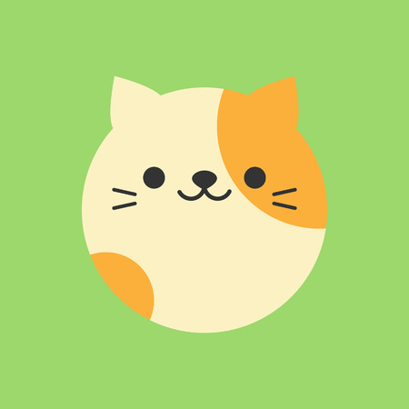 Cute cat round vector graphic icon. Ginger kitten animal head, face illustration. Isolated on green background.のイラスト素材