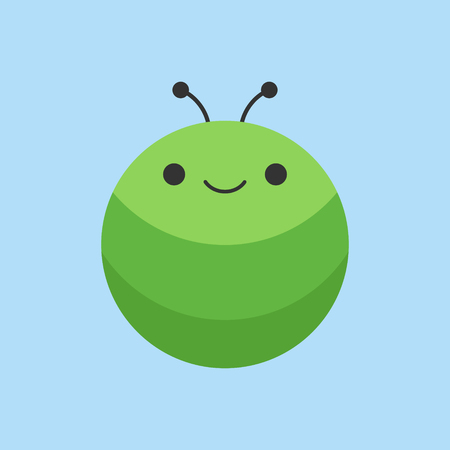 Cute caterpillar round vector graphic icon. Green larva insect animal head, body illustration. Isolated on blue background.のイラスト素材