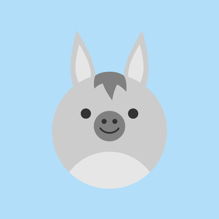 Cute donkey round vector graphic icon. Gray Donkey Animal Head, Face Illustration. Isolated on blue background.のイラスト素材