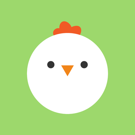 Cute chicken round vector graphic icon. White Hen Bird Animal Head, Face Illustration. Isolated on green background.のイラスト素材