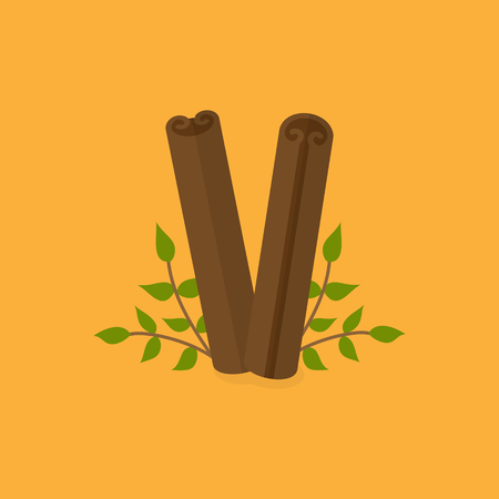 Cinnamon sticks vector graphic illustration. Autumn, fall seasoning with green leaves behind. Isolated on orange background.のイラスト素材