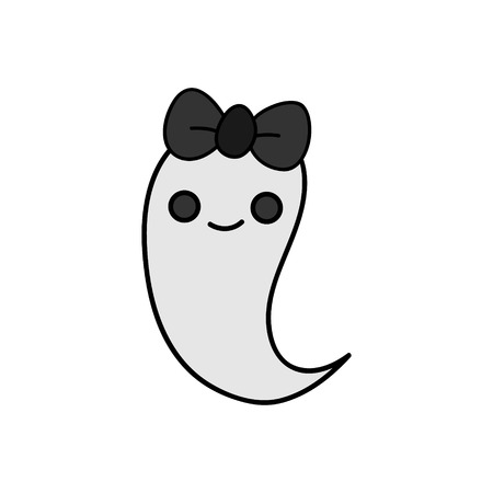 Cute hand drawn spooky girly ghost vector illustration. Halloween scary white spook with black ribbon bow, isolated.のイラスト素材
