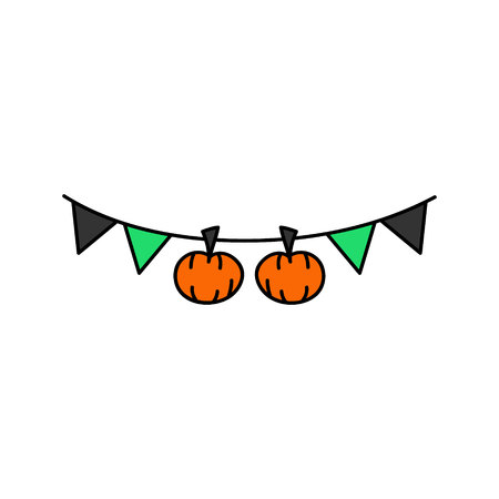 Cute hand drawn halloween garland vector illustration. Holiday garland with flags and pumpkins. Black, green and orange decoration, isolated.のイラスト素材