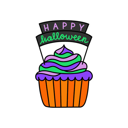 Cute hand drawn cupcake vector illustration. Halloween themed and decorated cupcake in orange paper cup with colorful frosting and Happy halloween writing, isolated.のイラスト素材
