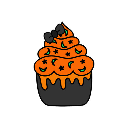 Cute hand drawn black cupcake vector illustration. Halloween themed and decorated cupcake with orange frosting and moon and star sprinkles, isolated.のイラスト素材