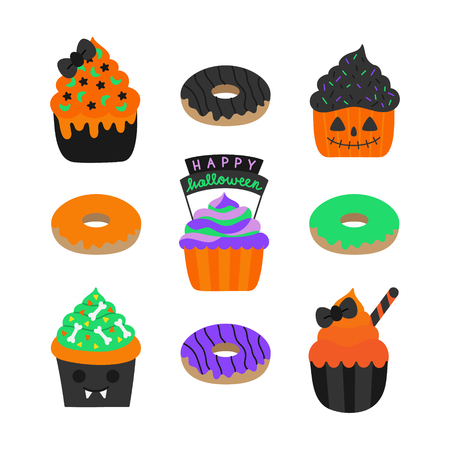 Halloween sweet pastry vector hand drawn set. Cute festive halloween holiday illustrations; decorated muffins, cupcakes and doughnuts.のイラスト素材