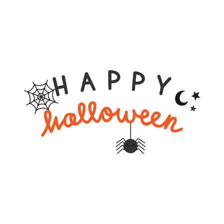Happy halloween, black, orange and grey cute hand drawn vector writing. Halloween greeting card illustration, text with spider web, moon and stars and hanging spider, isolated.のイラスト素材