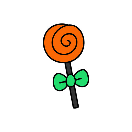 Cute hand drawn halloween candy lollipop vector illustration. Twisted orange sweet lollipop on stick with green ribbon bow, isolated.のイラスト素材