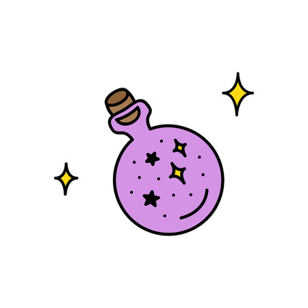 Cute hand drawn round glass of potion vector illustration. Magical violet potion with sparkles. Halloween themed, witch's potion, isolated.のイラスト素材