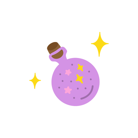 Cute hand drawn round glass of potion vector illustration. Magical violet potion with sparkles. Halloween themed, witch's potion, isolated.のイラスト素材