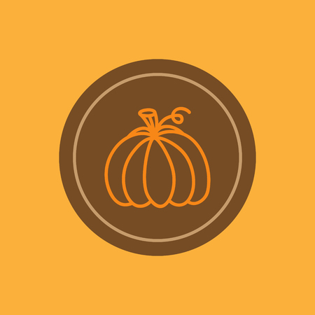 Cute hand drawn round pumpkin label vector illustration. Autumn pumpkin spice, fall, halloween or thanksgiving seasonal icon logo.のイラスト素材