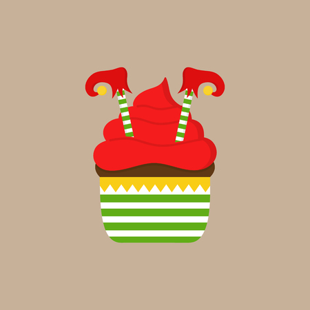 Christmas elf cupcake vector illustration icon. Cute chocolate cupcake decorated with red flip-flops and striped legs and red elf shoes with jingle bell. Isolated on beige background.のイラスト素材