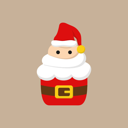 Christmas, santa cupcake vector illustration icon. Cute cupcake decorated with whipped cream frosting in shape of santa claus head with beard, eyes and hat. Isolated on beige background.のイラスト素材