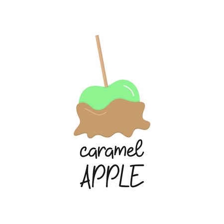 Caramel apple vector graphic illustration icon with writing. Green apple fruit in sweet sugar caramel coating. Isolated.のイラスト素材