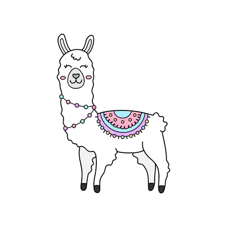 Cute hand drawn white llama with patterned fringed blanket. Cute furry llama or alpaca animal outlined vector illustration. Isolated.のイラスト素材