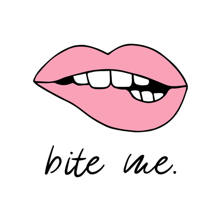 Pink biting lips vector illustration drawing, print bite me. Cartoon seductive, sexy lips print, isolated icon on white background.のイラスト素材