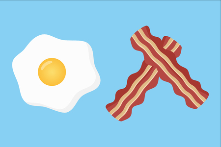 Bacon and egg breakfast, bacon strips and fried egg vector illustration, isolated on blue background.のイラスト素材