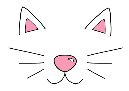 Cute cat head illustration doodle drawing, cat dream, ears and whiskers. Outline cat's head graphic icon.のイラスト素材