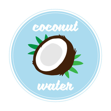 Cute coconut water with coconut water, vector illustration drawing card, poster or print. Coconut fruit with green palm tree leaves, blue circle background and white details.のイラスト素材