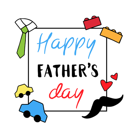 Happy Father's Day, vector illustration. Isolated on white background. Car toys, building blocks, tie, mustache and hearts.のイラスト素材