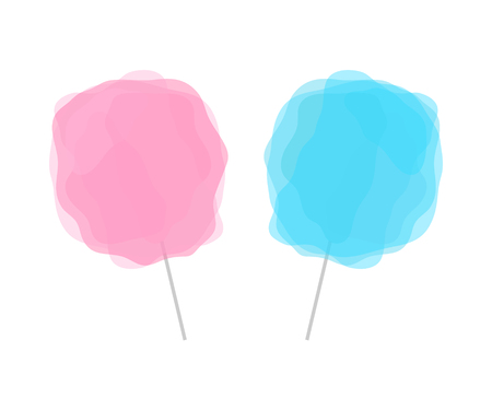 Pink and blue cotton candy isolated on white background. Set of two transparent candy floss on gray stick.のイラスト素材