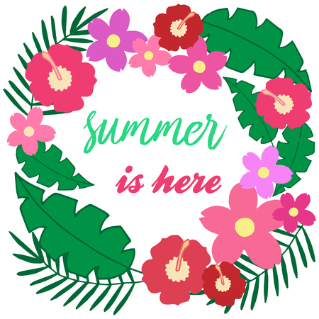 Summer is writing with palm leaves and Hawaiian flowers. Hibiscus and oleander flowers. Vector Illustration Keywords:のイラスト素材