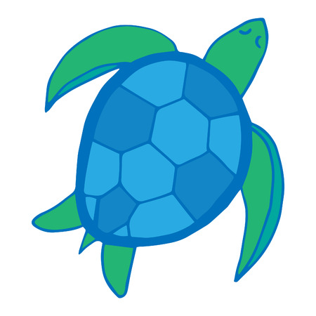 Sea turtle marine animal illustration doodle drawing in blue, turquoise colors.のイラスト素材