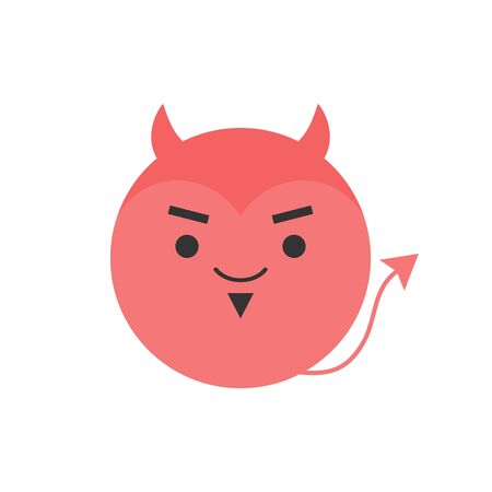 Cute devil round graphic vector icon. Red Devil, Demon with Horns and Tail. Fairytale creature, hell character head, face illustration. Isolated.のイラスト素材