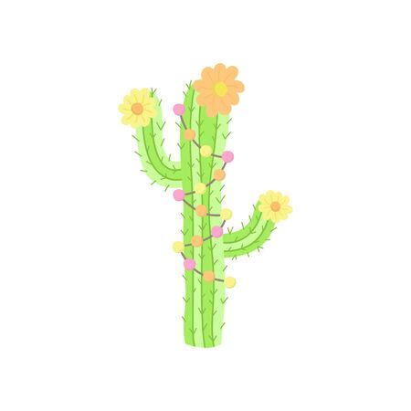 Hand drawn cactus. Cute vector illustration of cactus plant with flowers and decorations. Isolated.のイラスト素材